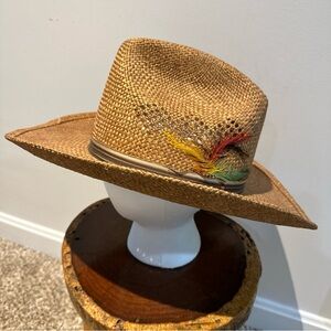 Wrangler Vintage Cowboy Hat with Leather Sweatband & Feather Embellishment 7 1/4